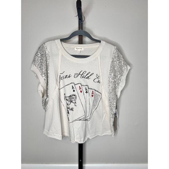Originality Tops - Originality Texas Hold ‘Em Playing Cards White Sequin Graphic Tee Size Large NWT
